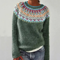 Norweger Grobstrickpullover Damen | Rundhals Langarm Strick in Grün