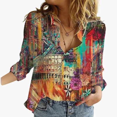 Kunstvoll bedruckte V-Ausschnitt Bluse - Damen Freizeitlook