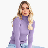 Damen Turtleneck Pullover mit gerippten Bündchen und Saum in Lila