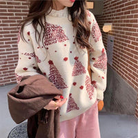 Roter Weihnachtsbaum Jacquard Pullover für Damen in Weiß
