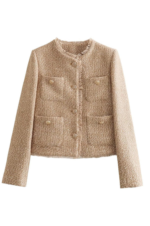Fransen - Elegante kurze Tweedjacke mit Fransendetail | Schicker verkürzter Tweed-Blazer mit Knopfleiste vorne für Damen