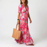 Nancy | Damen Geblümtes langes Sommerkleid in Rosa