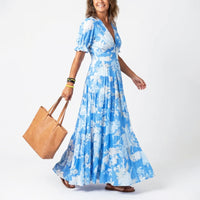 Nancy | Damen Geblümtes langes Sommerkleid in Blau