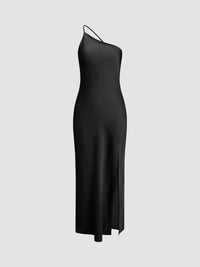 Damen Rückenfrei Maxi Satin Kleid in Schwarz