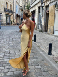 Damen Rückenfrei Maxi Satin Kleid in Gelb