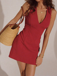 Damen Ärmellos V-Ausschnitt Mini Sommerkleid in Rot