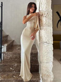 Damen Ärmellos Maxi Party Satin Kleid in Beige