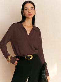 Hannah | Freizeit Pullover Kragen Damen Chic in Dunkelbraun