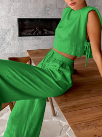 Livia | Weite Hose Set Damen Leinen Look in Grün