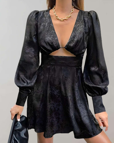 Bernice - Minikleid mit langen Puffärmeln aus Samtstoff und tiefem V Ausschnitt Kleid