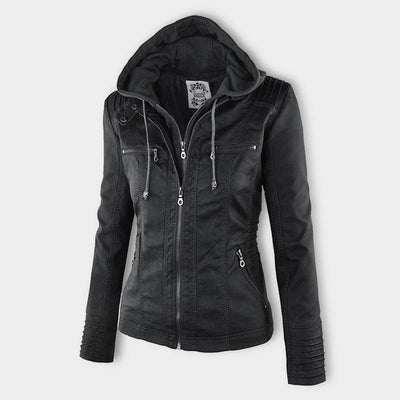 Damen Lederjacke mit Kapuze – Stylische Bikerjacke in Braun mit Reißverschluss und Details