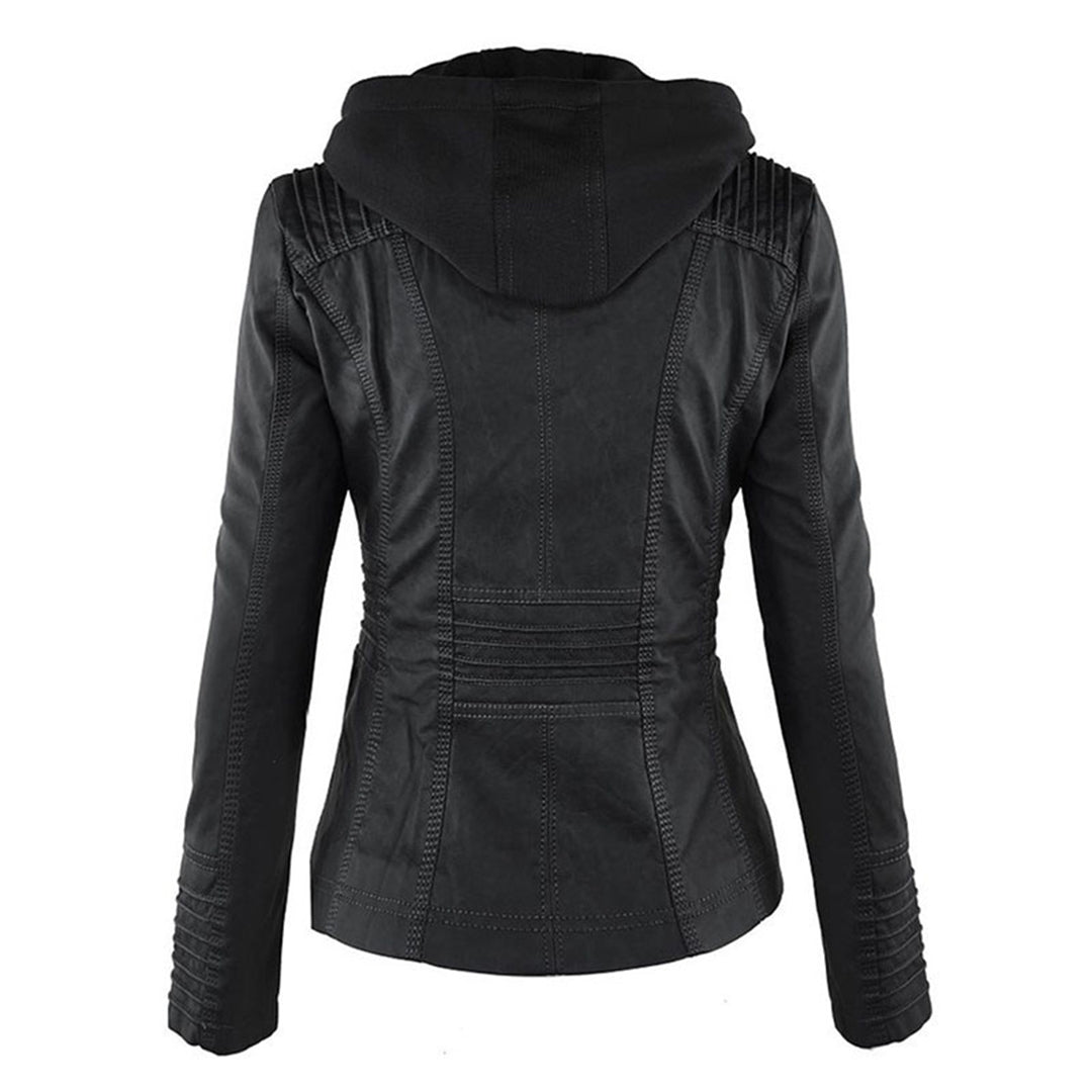 Damen Lederjacke mit Kapuze – Stylische Bikerjacke in Braun mit Reißverschluss und Details