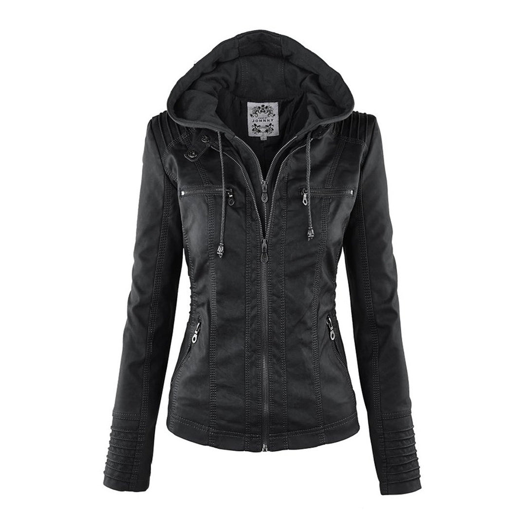 Damen Biker-Jacke aus Kunstleder – Stylische Jacke mit Kapuze und Reißverschlüssen, ideal für Herbst und Frühjahr