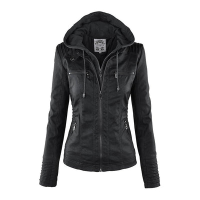 Damen Biker-Jacke aus Kunstleder – Stylische Jacke mit Kapuze und Reißverschlüssen, ideal für Herbst und Frühjahr
