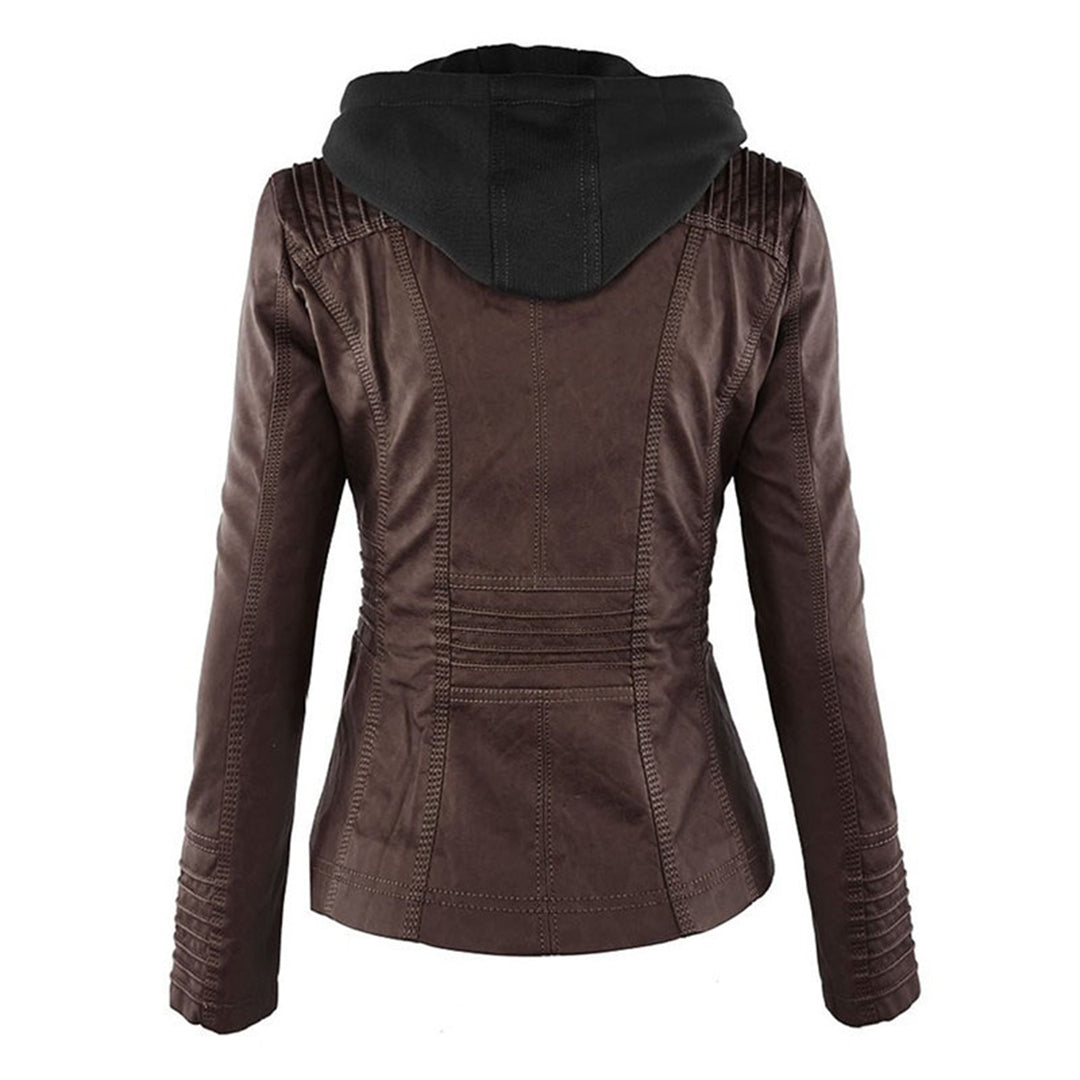 Damen Biker-Jacke aus Kunstleder – Stylische Jacke mit Kapuze und Reißverschlüssen, ideal für Herbst und Frühjahr