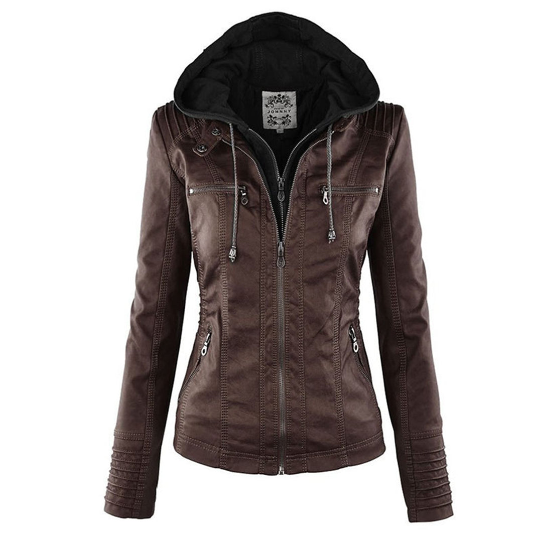 Damen Biker-Jacke aus Kunstleder – Stylische Jacke mit Kapuze und Reißverschlüssen, ideal für Herbst und Frühjahr