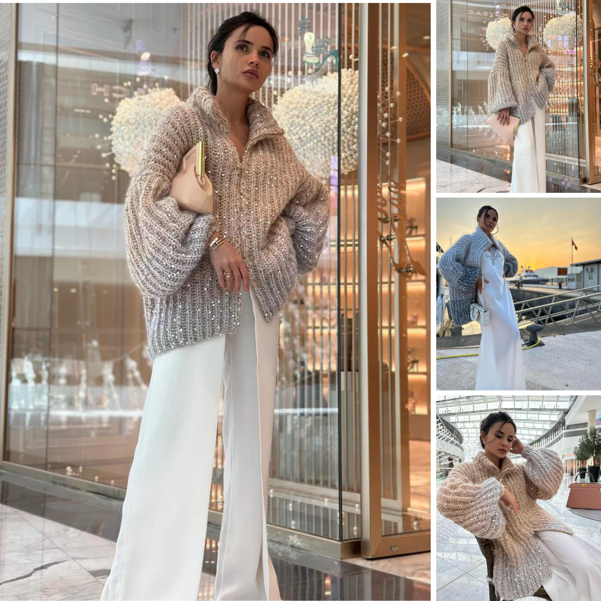 Elegante Damen Strickjacke mit Pailletten – Weiche, glänzende Cardigan-Jacke mit voluminösen Ärmeln