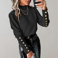 Damen Ärmel mit Knopfdesign Lang Shirt in Schwarz