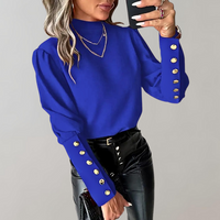 Damen Ärmel mit Knopfdesign Lang Shirt in Blau