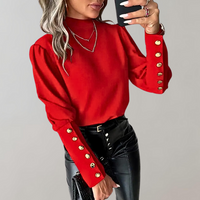 Damen Ärmel mit Knopfdesign Lang Shirt in Rot
