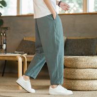 Herren Verstellbar Locker Geschnitten Leinenhose in Grau