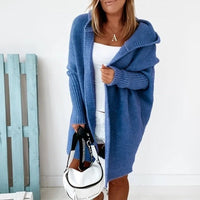 Damen Strickjacke Long Cardigan | Oversized Mit Kapuze in Blau
