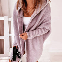 Damen Strickjacke Long Cardigan | Oversized Mit Kapuze in Violett