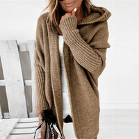 Damen Strickjacke Long Cardigan | Oversized Mit Kapuze in Khaki