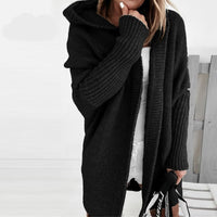 Damen Strickjacke Long Cardigan | Oversized Mit Kapuze in Schwarz
