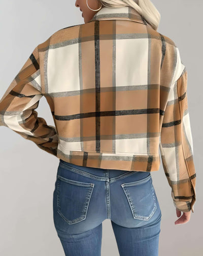 Chandie - Kurze beige karierte Jacke