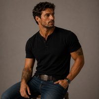 Raymond | Herren Relaxed Kurze Ärmel Henley T-Shirt in Schwarz