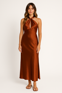 Damen Halter Maxi Abendkleid in Braun