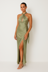 Damen Halter Maxi Abendkleid in Olivgrün