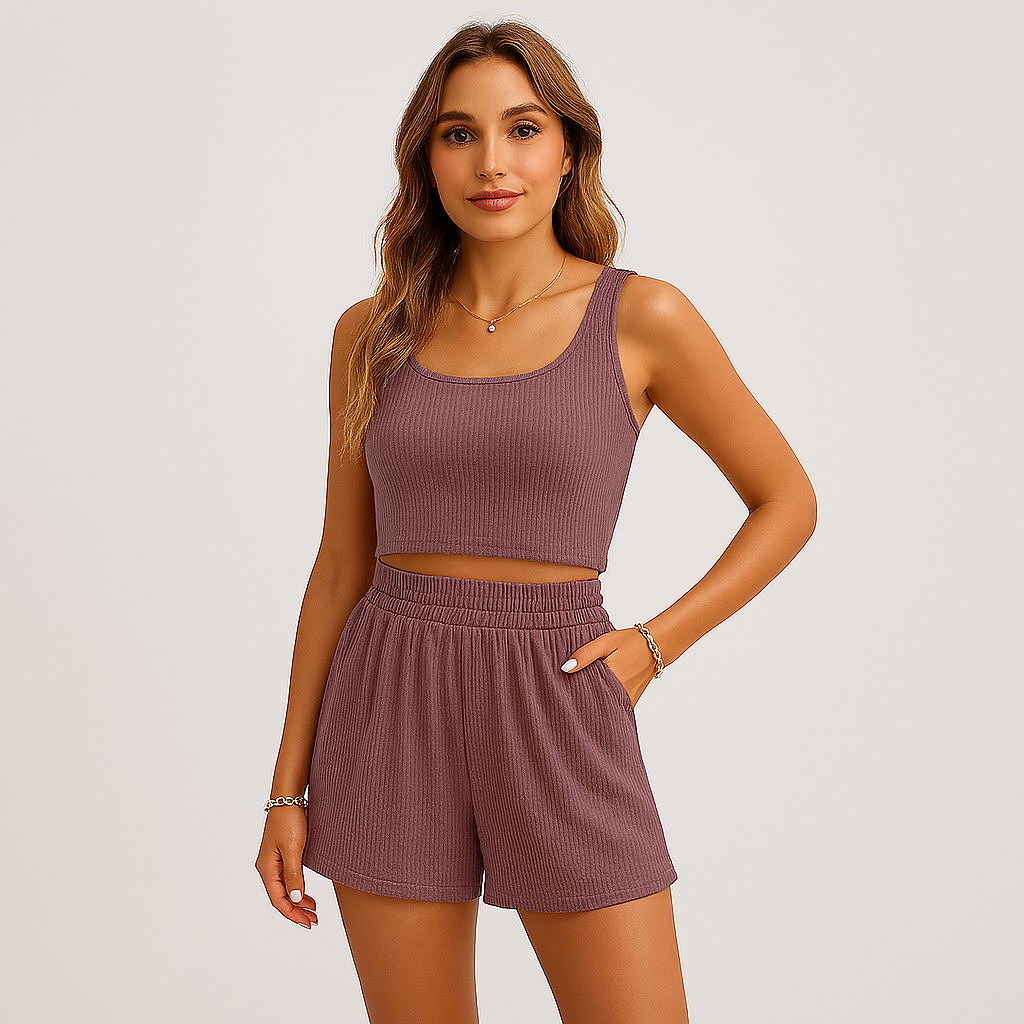 Geripptes Camisole- und Shorts-Set für Damen – Lässiges 2-teiliges Lounge-Outfit
