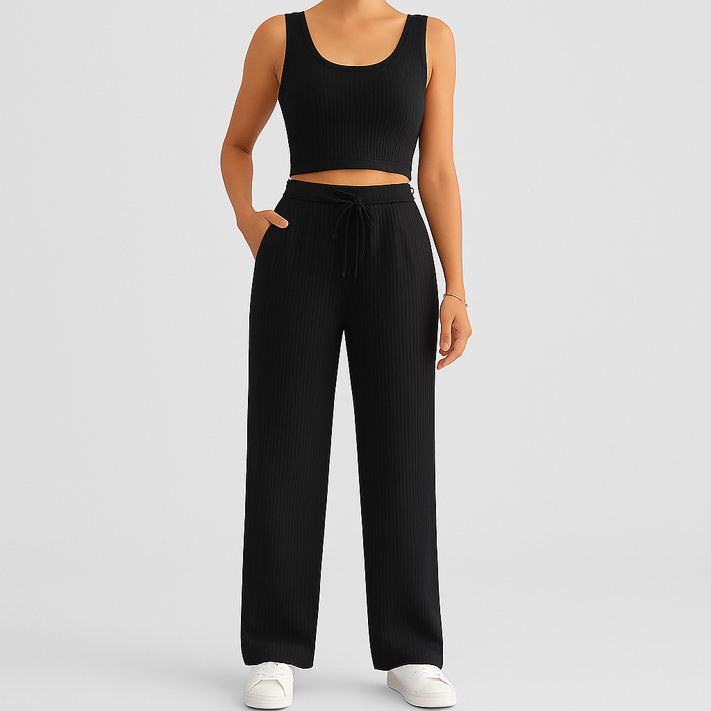 2-teiliges Sommer-Set für Damen – Ärmelloses Crop-Top und strukturierte Hose mit hoher Taille