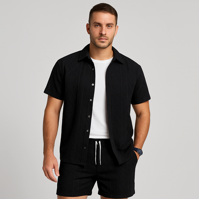 2-teiliges Jacquard-Strick-Set für Herren – Kurzarmhemd und Shorts in Unifarbe, Premium-Freizeitoutfit