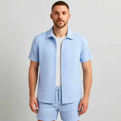 2-teiliges Jacquard-Strick-Set für Herren – Kurzarmhemd und Shorts in Unifarbe, Premium-Freizeitoutfit
