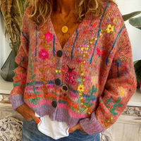 Damen-Strickjacke zum Knöpfen mit buntem Blumenmuster und V-Ausschnitt in Rot