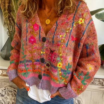 Damen-Strickjacke zum Knöpfen mit buntem Blumenmuster und V-Ausschnitt