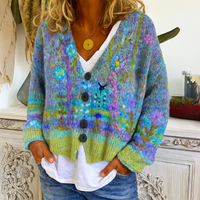 Damen-Strickjacke zum Knöpfen mit buntem Blumenmuster und V-Ausschnitt in Grün