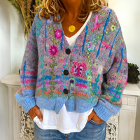 Damen-Strickjacke zum Knöpfen mit buntem Blumenmuster und V-Ausschnitt in Blau