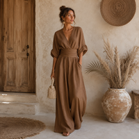 Daniela | Eleganter Jumpsuit mit V-Ausschnitt und weitem Bein in Braun