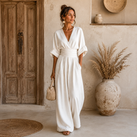 Daniela | Eleganter Jumpsuit mit V-Ausschnitt und weitem Bein in Weiß