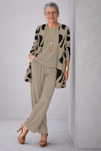 Sheila | Elegantes 3-teiliges Casual-Set in Taupe mit schwarzem Druck