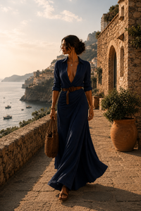 Mathilda | Drapiertes Kleid mit Gürtel in Marineblau