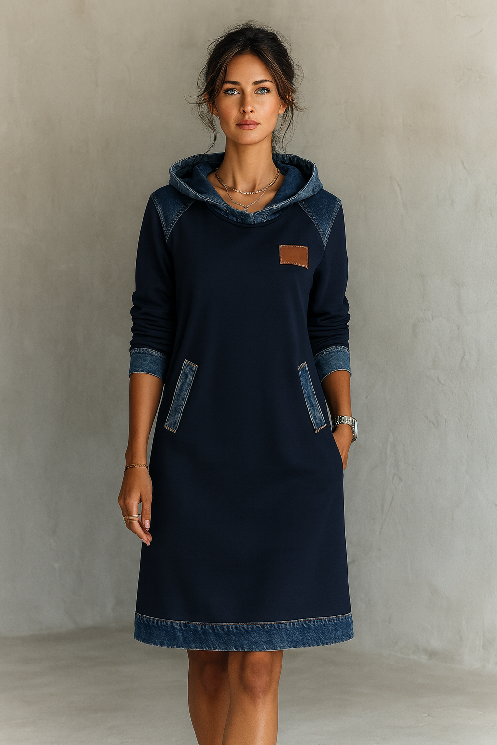 Viktoria – Lässiges Kleid Mit Kapuze und Denim Einsätzen