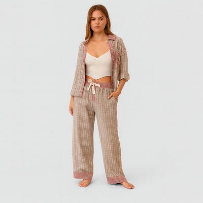 Marcelline | Set aus kariertem Langarmhemd und Hose mit weitem Bein