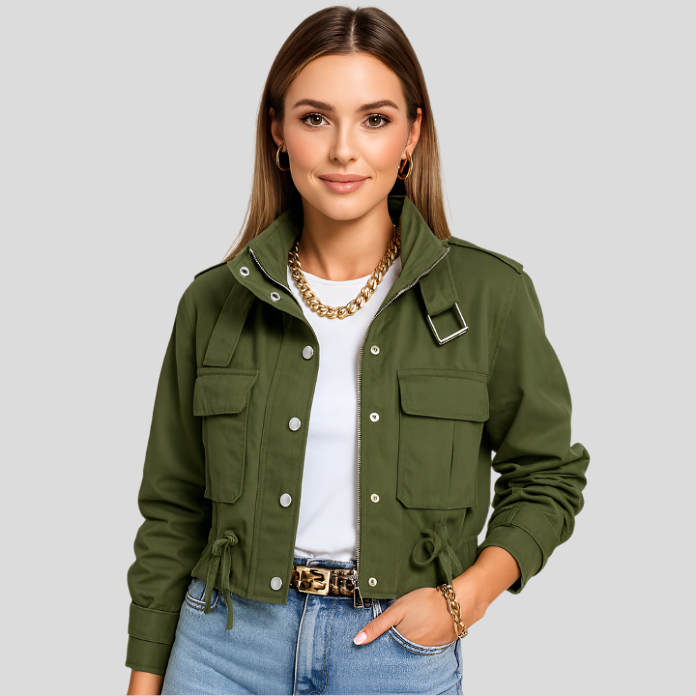 Kurzer Pilotenblouson für Damen – Elegante Reißverschluss-Applikation mit elastischem Bund