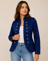 Damen Lässige Kurze Jacke mit Knopfleiste Front Modern Casual in Dunkelblau