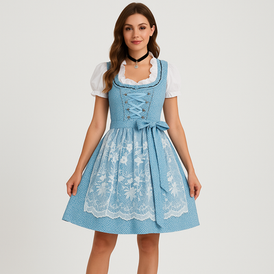 Elegantes Dirndl Damen – Blau-Weiß mit Punktmuster & Festlicher Schleife